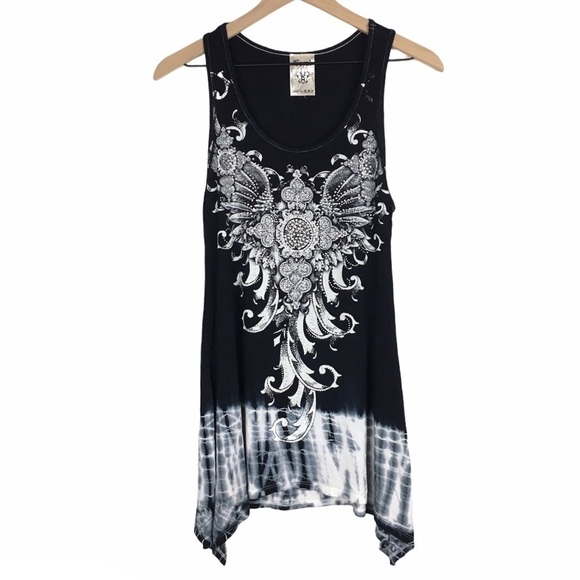 VOCAL Tunic Top Dress Tie Dye Rhinestone Wings Feathers Long Line Size Small - Picture 1 of 10